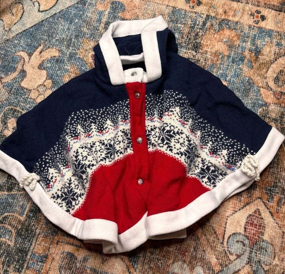 Girls Holiday Fair Isle Hooded Knit Poncho Cape